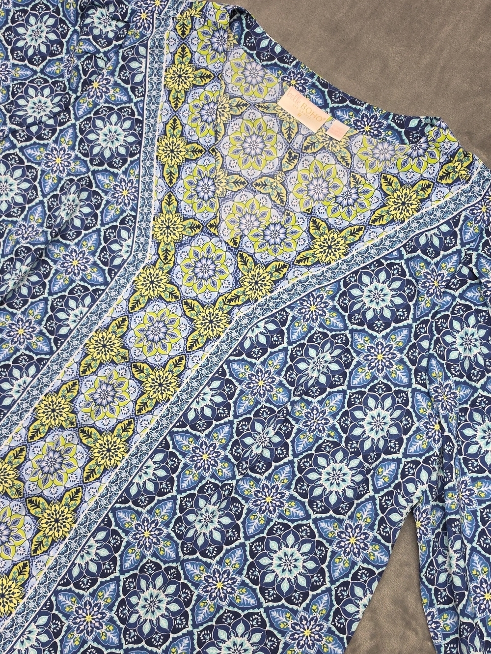 Belle by Kim Gravel 3X Blue Yellow Floral Medallion Boho Tunic Top Plus